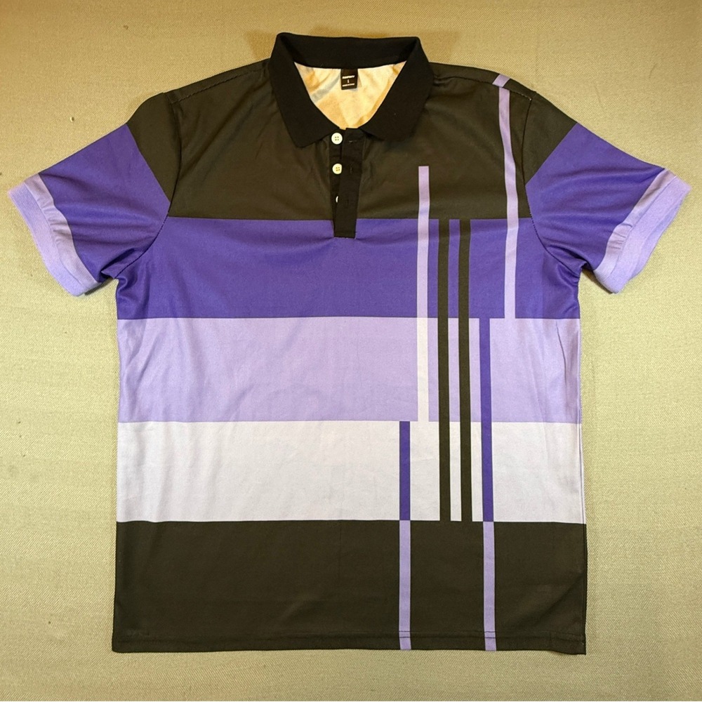 Manfinity Mens Geometric Colorblock Polo Shirt Purple Black Abstract Size L 2351